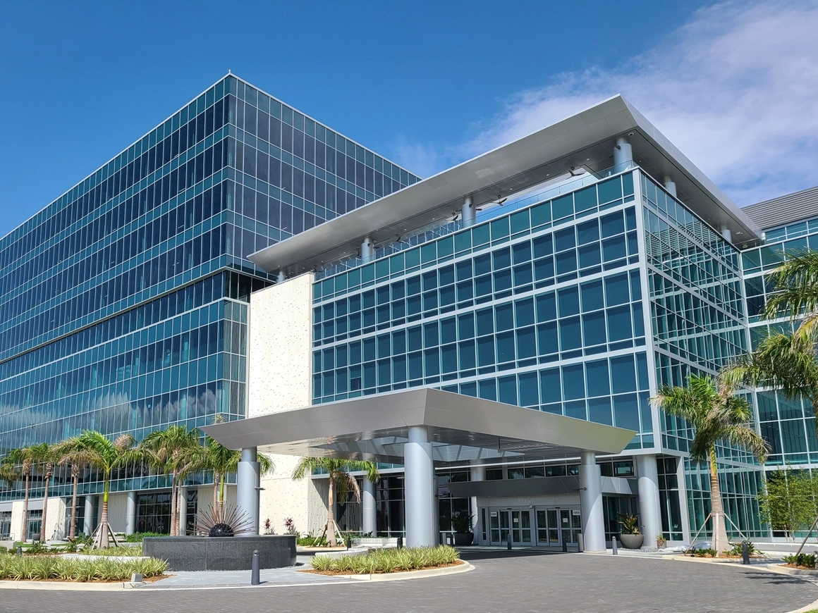 Concrete Erectors Inc. installing architectural precast concrete in a building center in the United States