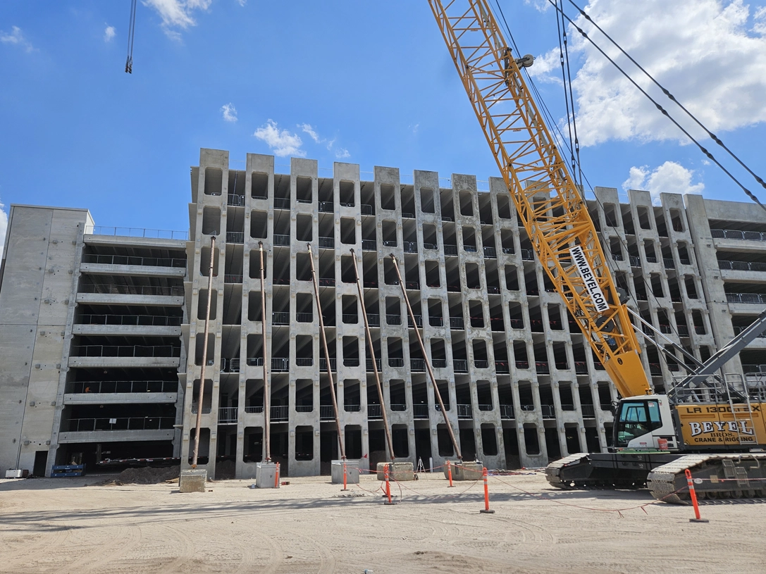 Structural precast concrete erection of a multi-level parking structure by Concrete Erectors, Inc
