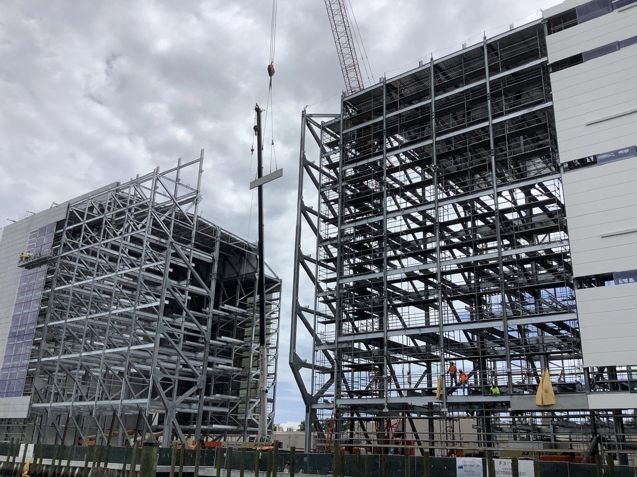 Structural steel frame erection for commercial waterfront project by Concrete Erectors, Inc